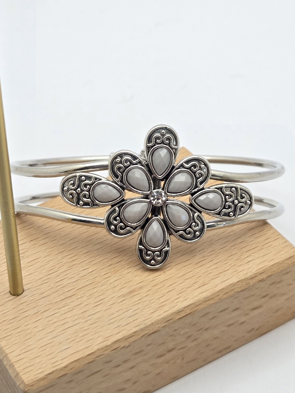 Silver Tone Floral Hinge Cuff Bracelet Light Gray Cabochons Crystal Center